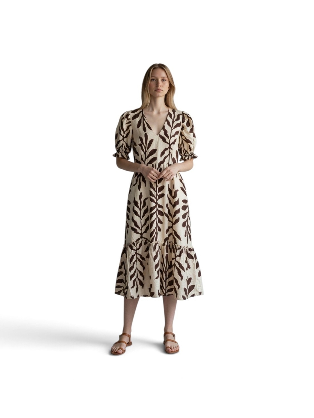 Petal & Pup Cream Midi Dress with Brown Leaf Print